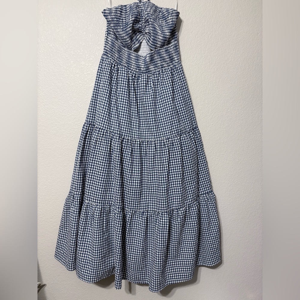 Strapless Blue Gingham Maxi Dress with Cutout - Picture 2 of 14